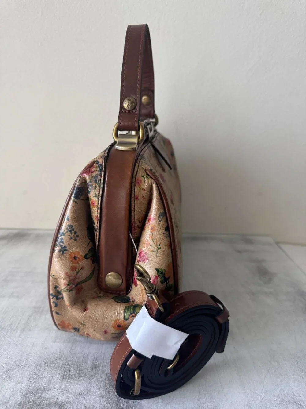 Patricia Nash Gracchi Prairie Rose Tan Framed Leather Satchel Xbody Floral